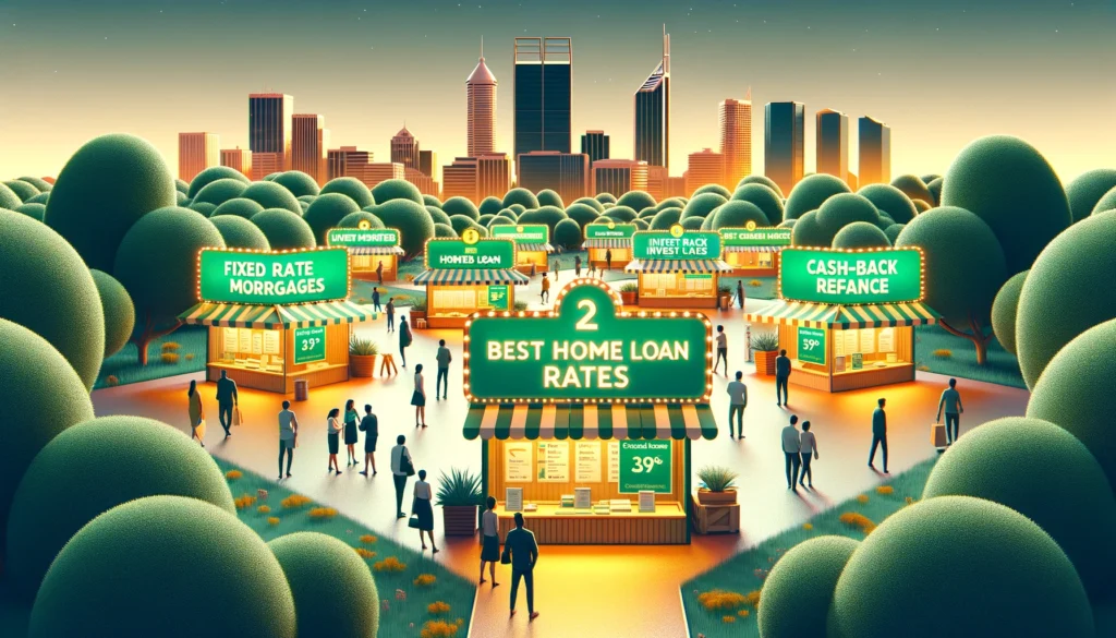 Bustling marketplace scene representing the best home loan rates in Perth offered by ScaleMortgage, with iconic local elements.