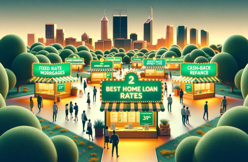 Bustling marketplace scene representing the best home loan rates in Perth offered by ScaleMortgage, with iconic local elements.