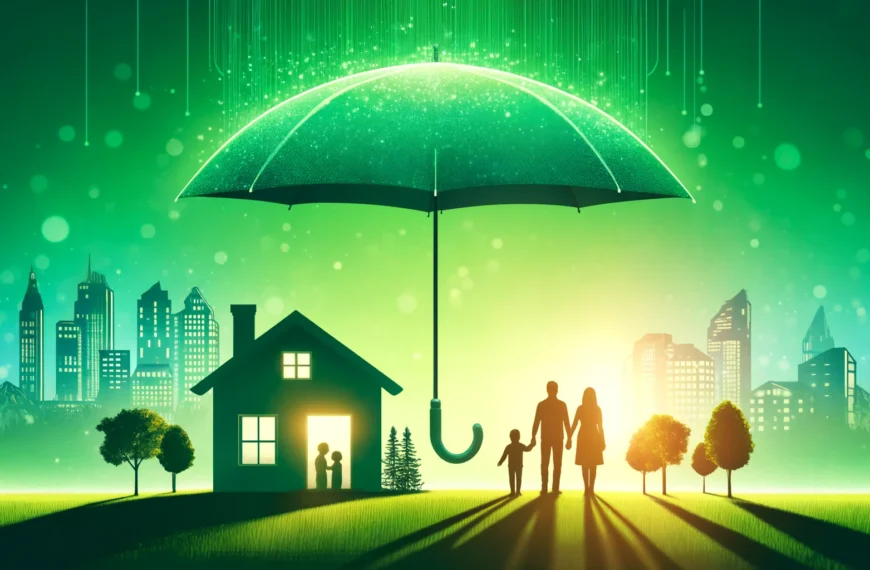 A diverse family silhouette stands together under a large protective umbrella covering a cosy house, set against a warm, green background, symbolising the security and support provided by the Family Home Guarantee scheme with ScaleMortgage.