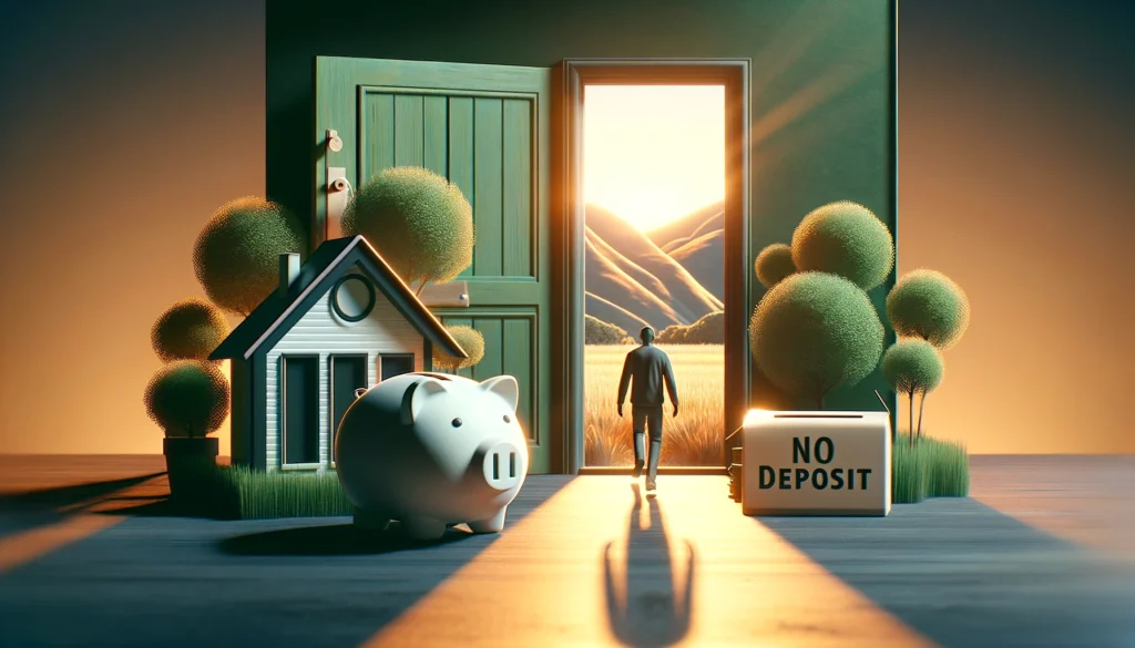 An open door to a welcoming home with a piggy bank nearby, no coins in sight, symbolizes the journey to homeownership with ScaleMortgage's no deposit home loans, set against a backdrop of green (#00BE61).