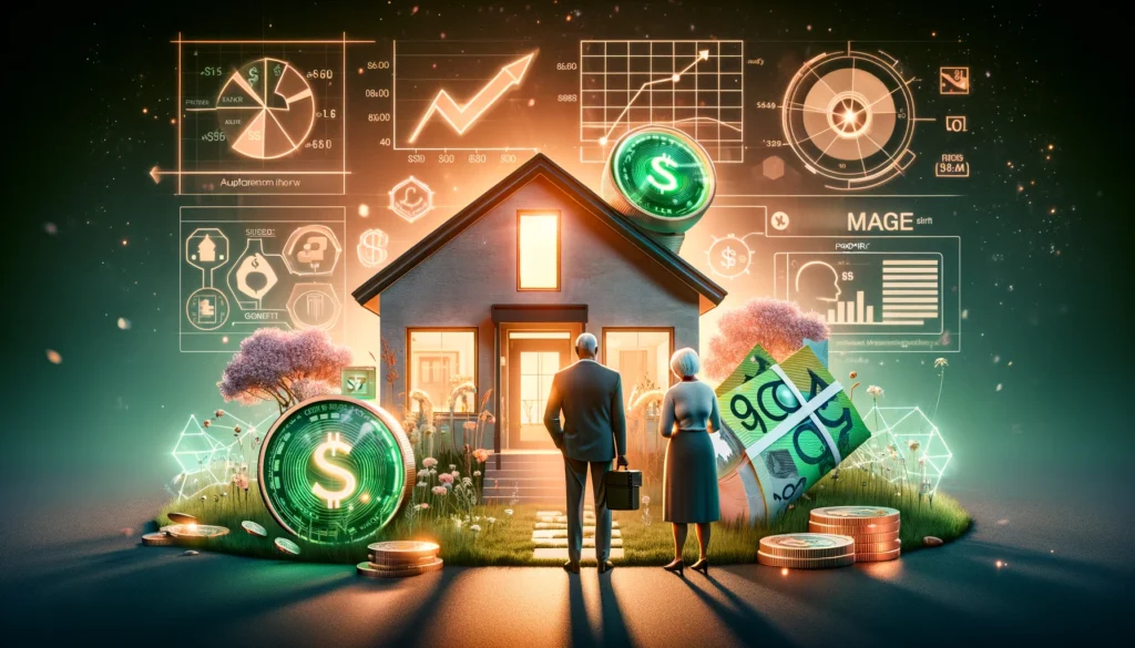 Visual depiction of SMSF Loans with ScaleMortgage, featuring Australian currency, property investment plans, and retirement security symbols.
