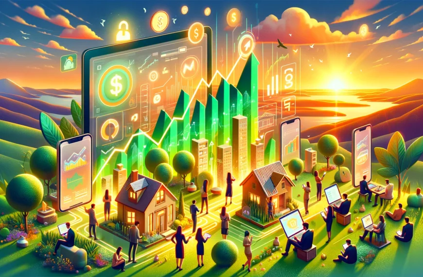 An engaging digital landscape portraying individuals using online services to find a "Mortgage Broker Near Me," with symbols of prosperity and real estate, illuminated by golden light.