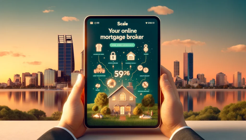 Online mortgage broker ScaleMortgage, assists clients over a digital platform, with Perth's skyline in the background.